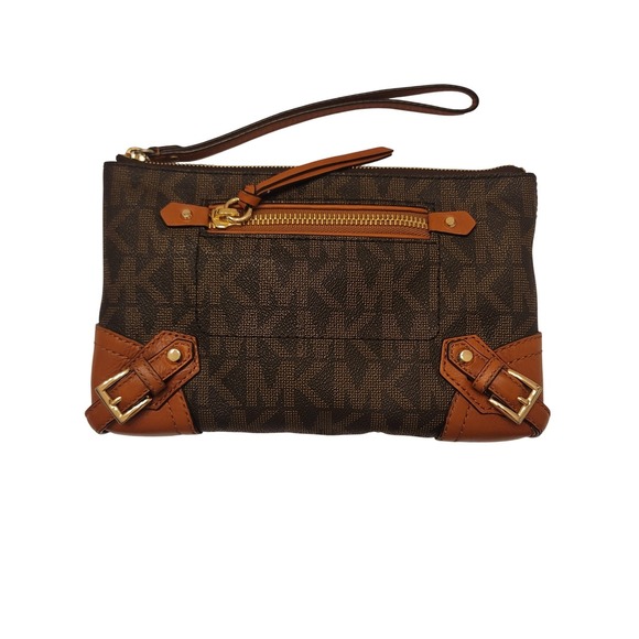 Michael‎ Kors Signature Monogram Brown Leather Trim Wristlet Clutch Wallet - Picture 6 of 7